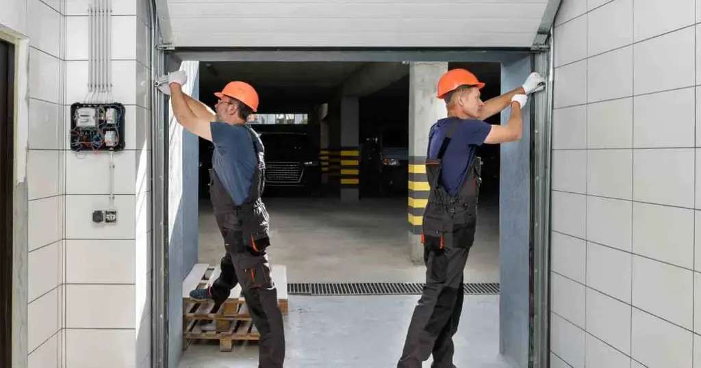 2 experts repairing garage door