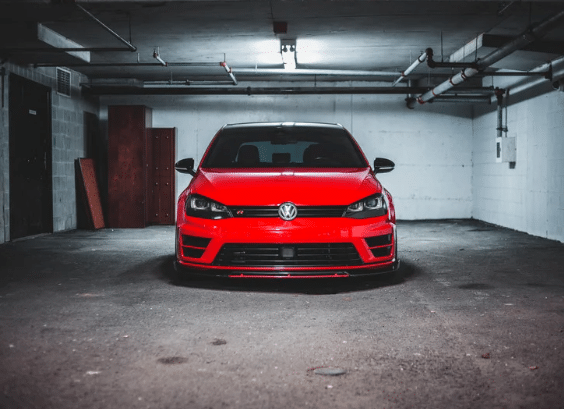 A car parked in the garage.