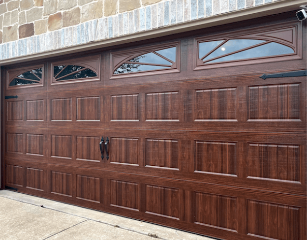 Brown wooden-paneled garage door