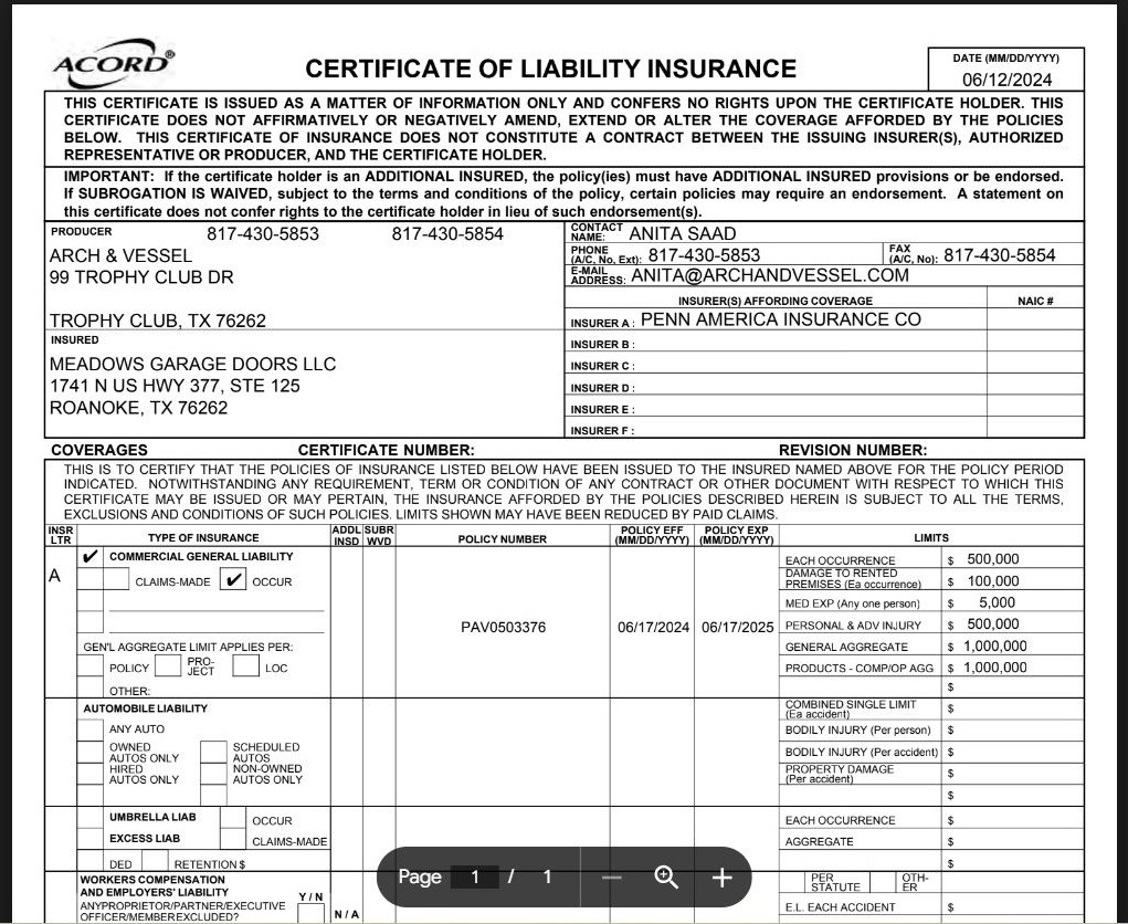 Sample of our certificate of liability insurance.