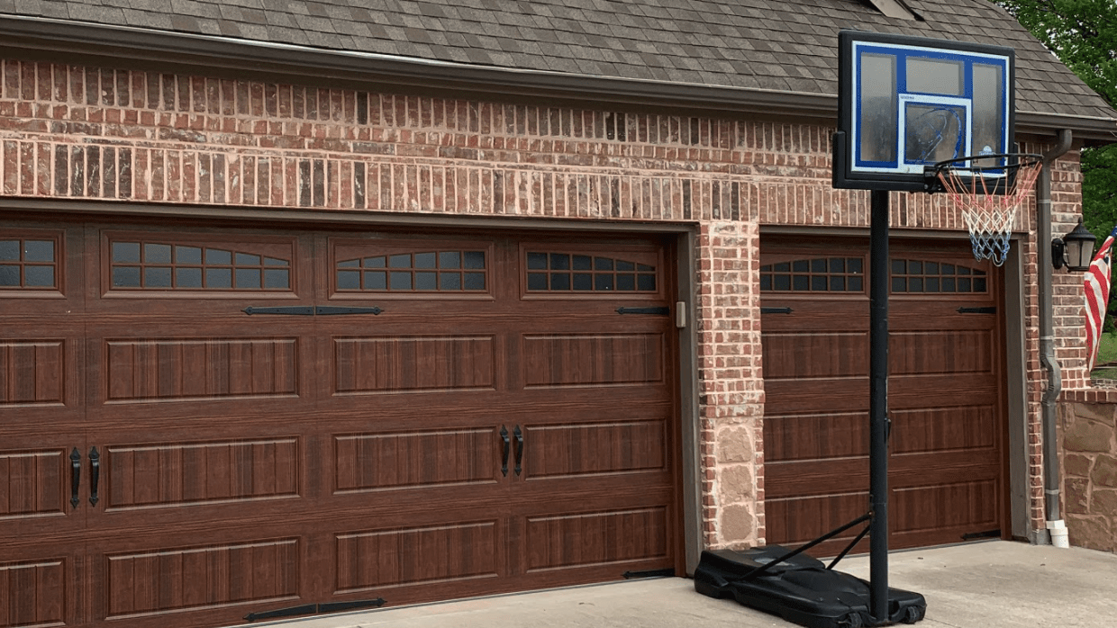 Faux wood garage door after