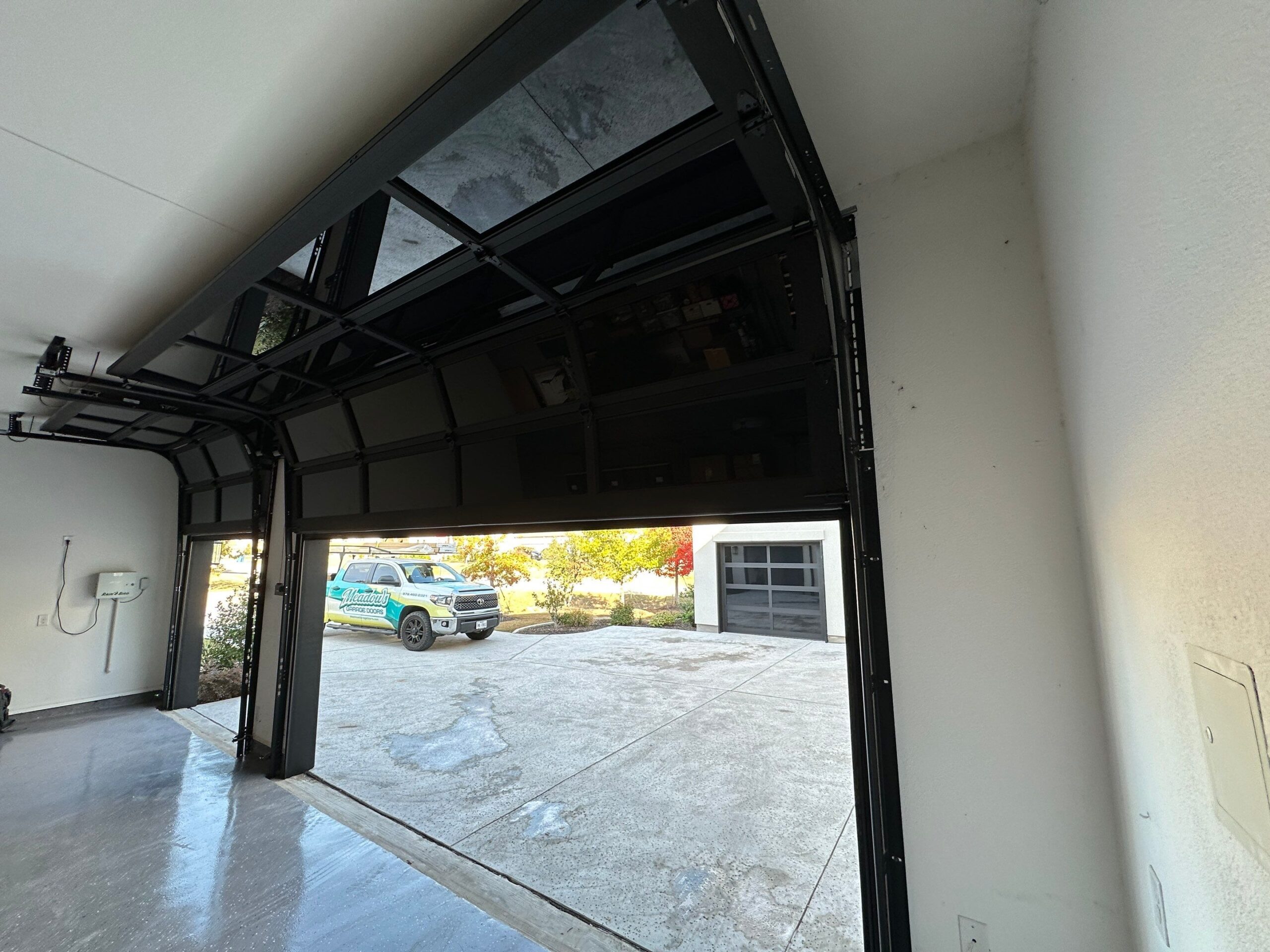 Inside of half-open garage door